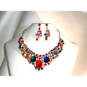 Multi color rhinestone necklace set, wedding MOB prom party evening necklace set